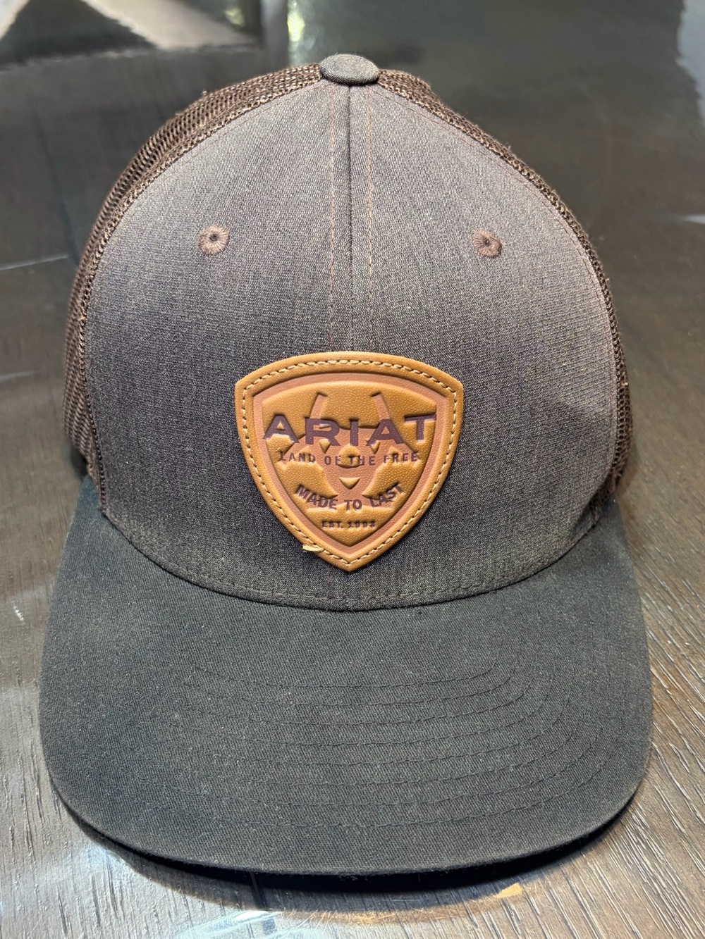 Ariat Dark Brown Trucker Hat with Tan Logo Patch